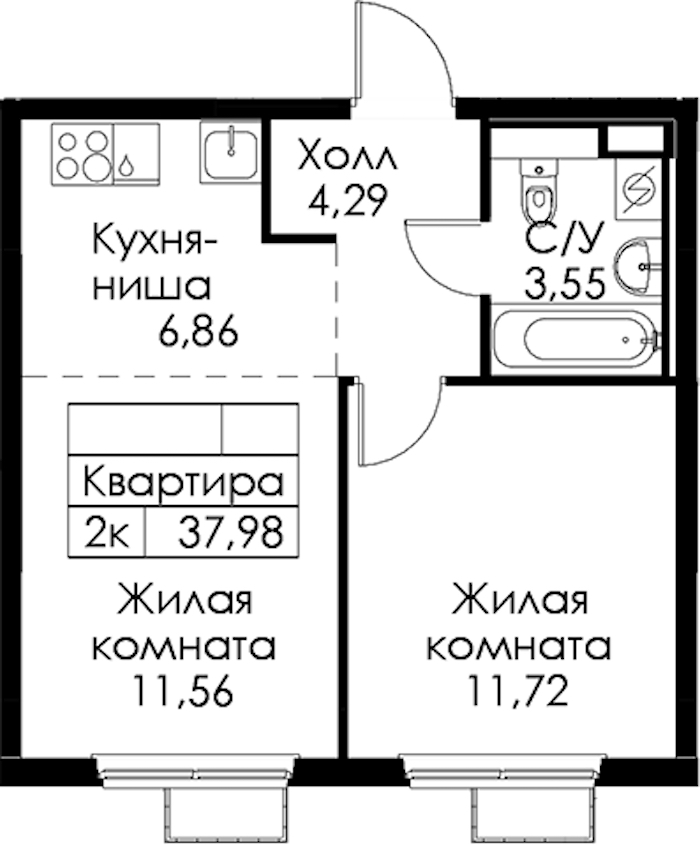 1-комнатная квартира 37.98 м², 10/15 эт., ЖК «Янинский лес»